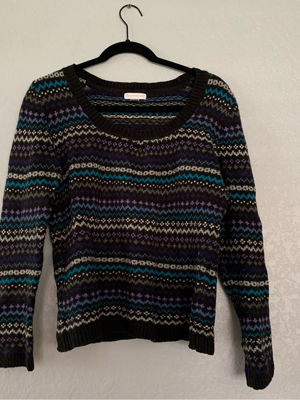 Charter Club Black Scoopneck Fair Isle Sweater with Purple and Teal Stripes